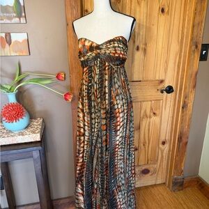 Kaelyn Max Strapless Chiffon Maxi Dress in orange, black and brown animal print